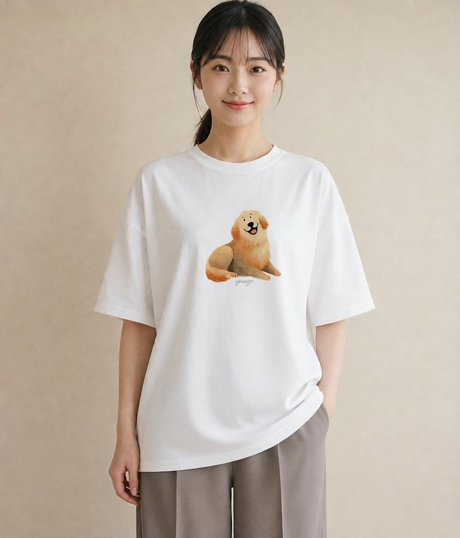 デザインTシャツ レディース ゴールデンレトリバー ゴールデン 犬 いぬ イラスト 上品 ミセス 春コーデ 白T