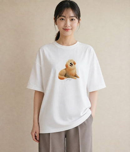 デザインTシャツ レディース ゴールデンレトリバー ゴールデン 犬 いぬ イラスト 上品 ミセス 春コーデ 白T