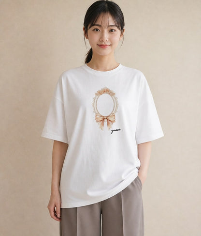デザインTシャツ レディース 手鏡 アンティーク レトロ ナチュラル イラスト おしゃれギフト 社会人 白T