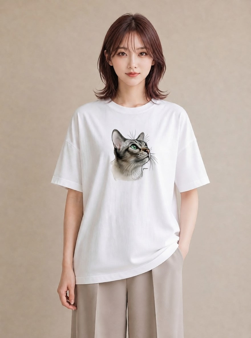 デザインTシャツ レディース アメリカンショートヘア 猫 ねこ イラスト こなれ感 秋コーデ おしゃれギフト 白T