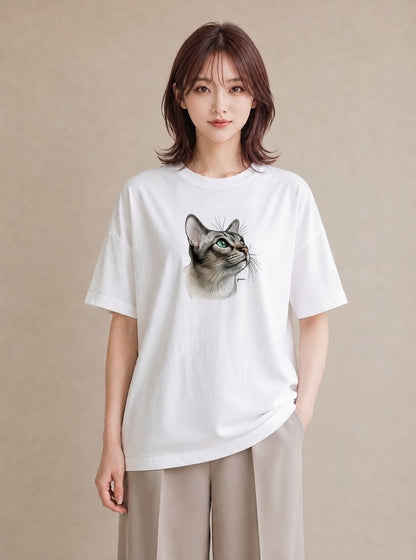デザインTシャツ レディース アメリカンショートヘア 猫 ねこ イラスト こなれ感 秋コーデ おしゃれギフト 白T