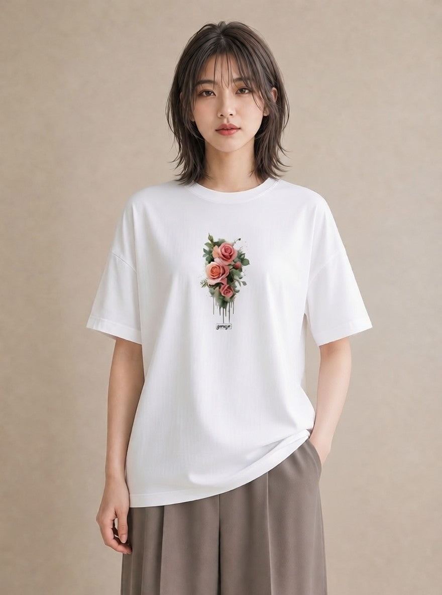 半袖Tシャツ レディース 花 花柄 イラスト 抜け感 通学 誕生日プレゼント 白T