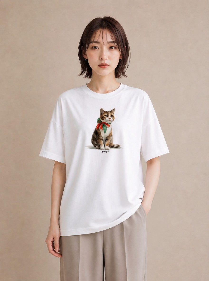 半袖Tシャツ レディース サバトラ 猫 ねこ イラスト シック ビーチ デイリーウェア 白T