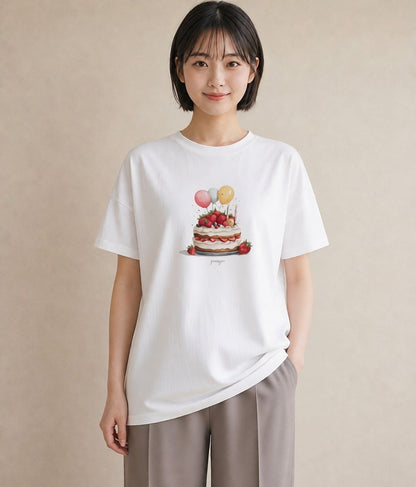 デザインTシャツ レディース ショートケーキ 食べ物 フード イラスト ヴィンテージ風 春服 ミセス 白T