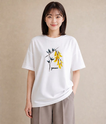 半袖Tシャツ レディース ミモザ 花 花柄 イラスト 淡色 カジュアルコーデ 買い物 白T