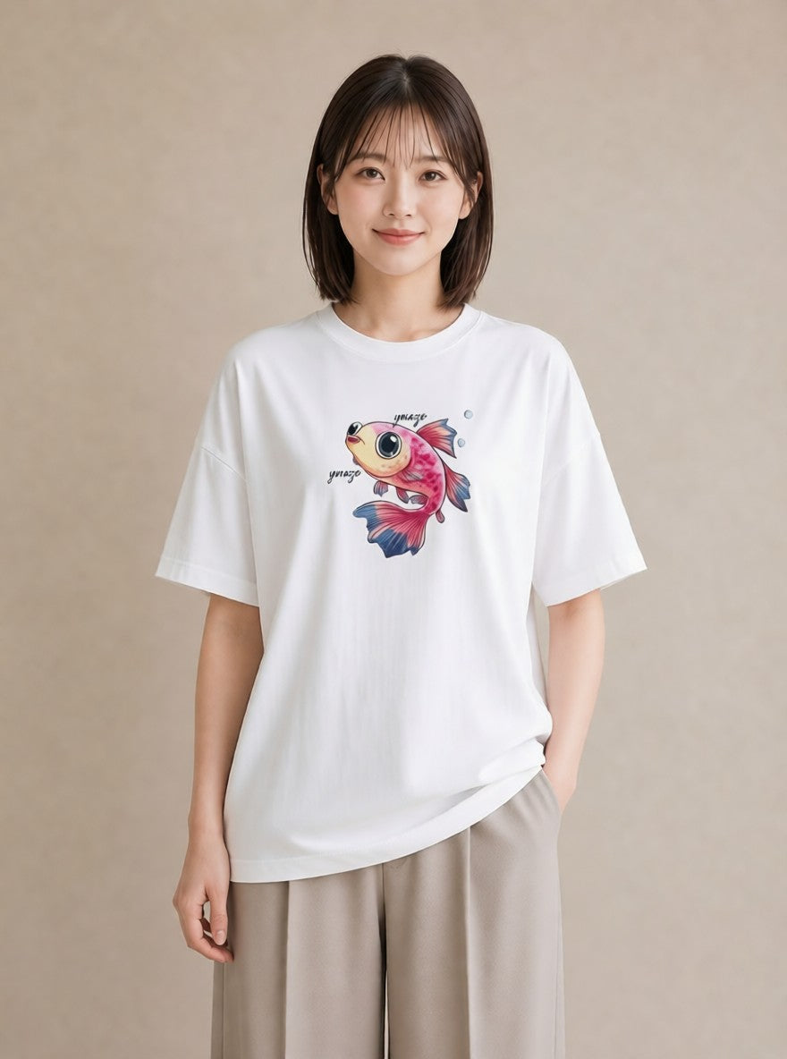 半袖Tシャツ レディース メダカ ペット 動物 イラスト 抜け感 カジュアルコーデ 買い物 白T