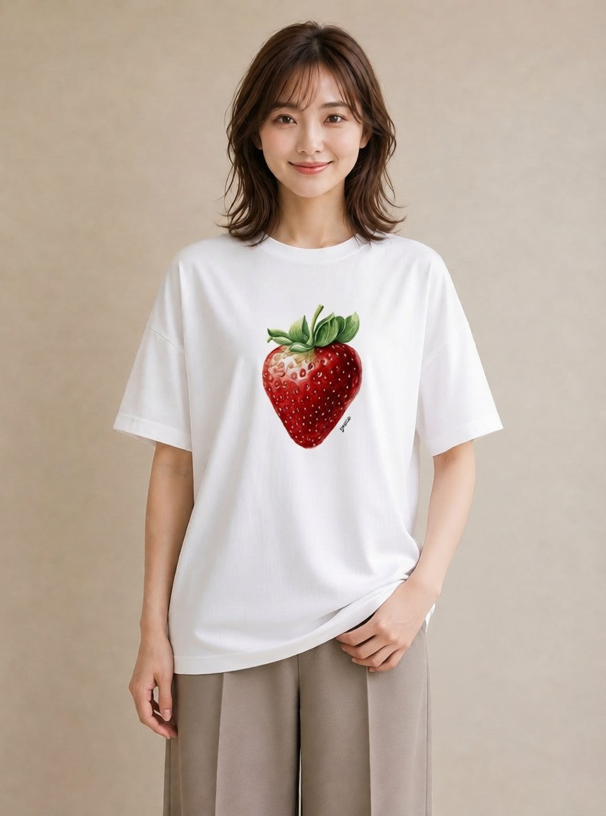 グラフィックTシャツ レディース いちご 苺 ストロベリー 食べ物 フード イラスト 個性的 綿100 デート 白T