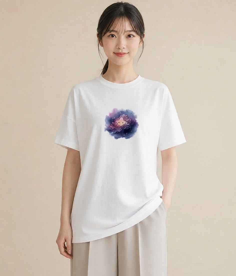 プリントTシャツ レディース 宇宙 星空 イラスト きれいめカジュアル カフェ巡り 女子会 白T