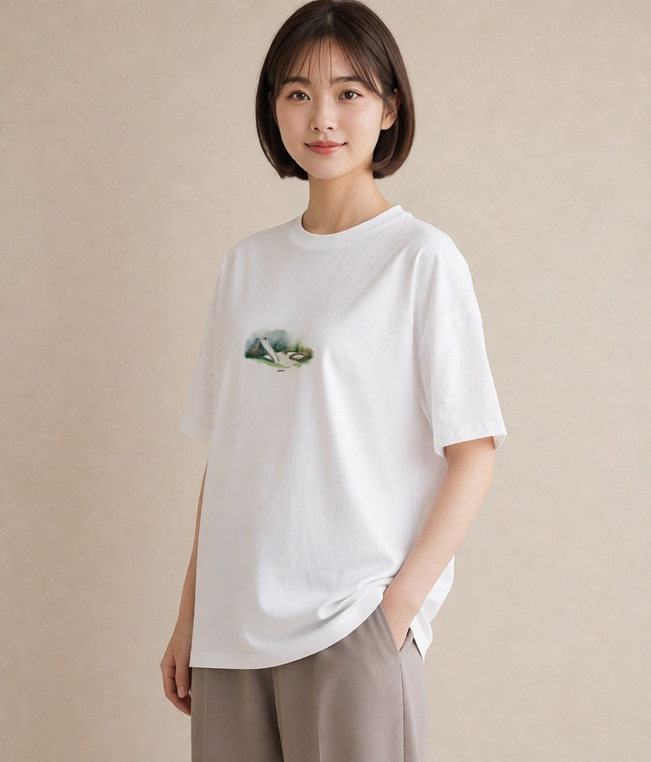 半袖Tシャツ レディース 小川 橋 せせらぎ ナチュラル アンティーク イラスト 週末コーデ 敬老の日 白T