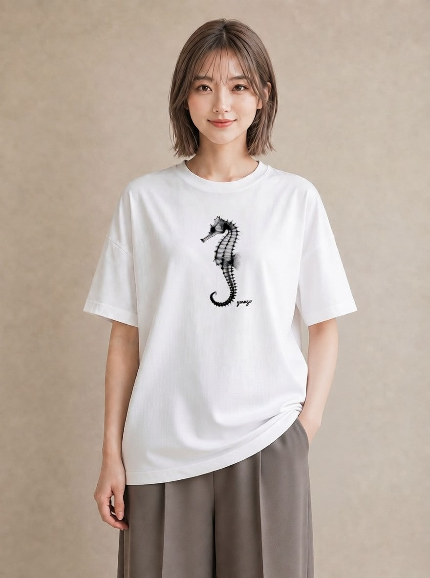 デザインTシャツ レディース タツノオトシゴ 海の生き物 海 イラスト 自分用 ルームウェア 白T