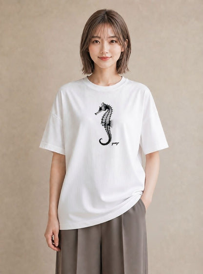 デザインTシャツ レディース タツノオトシゴ 海の生き物 海 イラスト 自分用 ルームウェア 白T