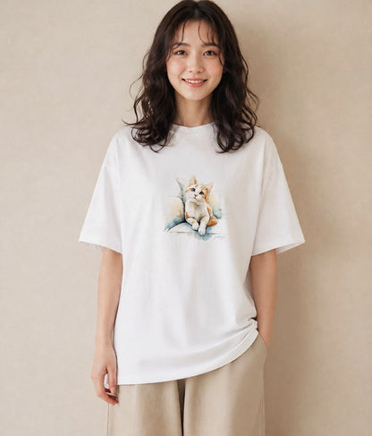 Tシャツ レディース ベンガル 猫 ねこ イラスト 手描き風 海 カフェ巡り 白T