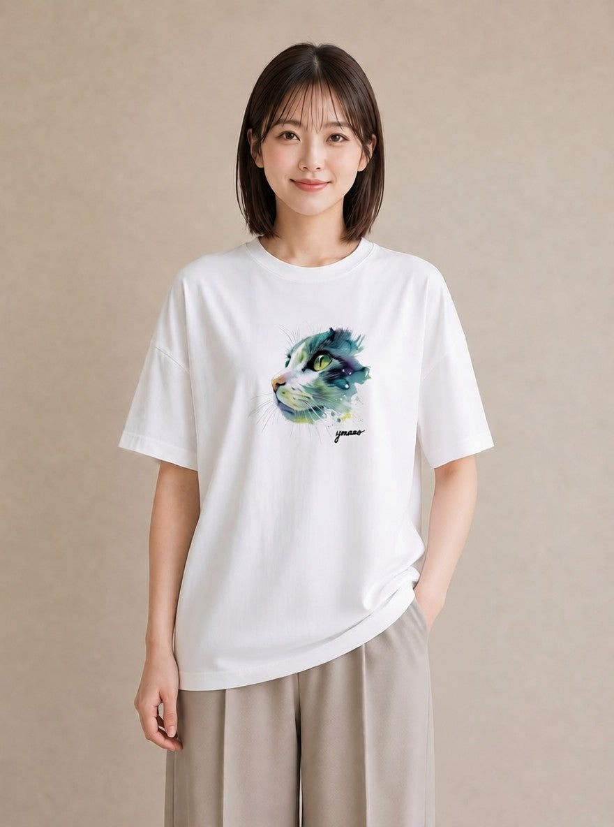 グラフィックTシャツ レディース アメリカンショートヘア 猫 ねこ イラスト ポップ カジュアルコーデ 買い物 白T