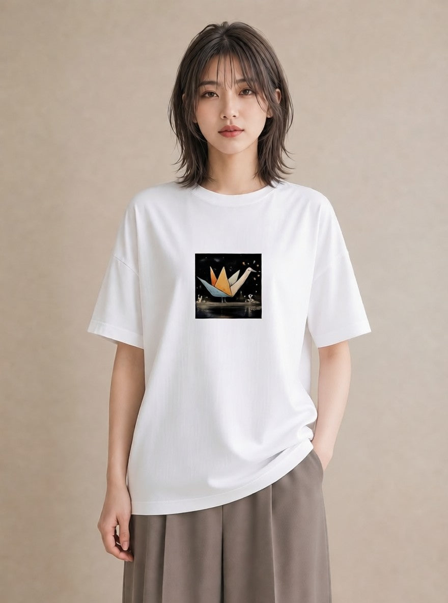 デザインTシャツ レディース 折り鶴 折り紙 ナチュラル アンティーク イラスト アート風 公園 ママ 白T