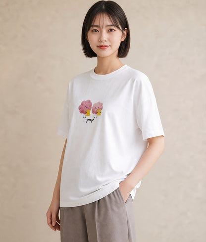 半袖Tシャツ レディース わたあめ 食べ物 フード イラスト 母娘コーデ 自分用 白T