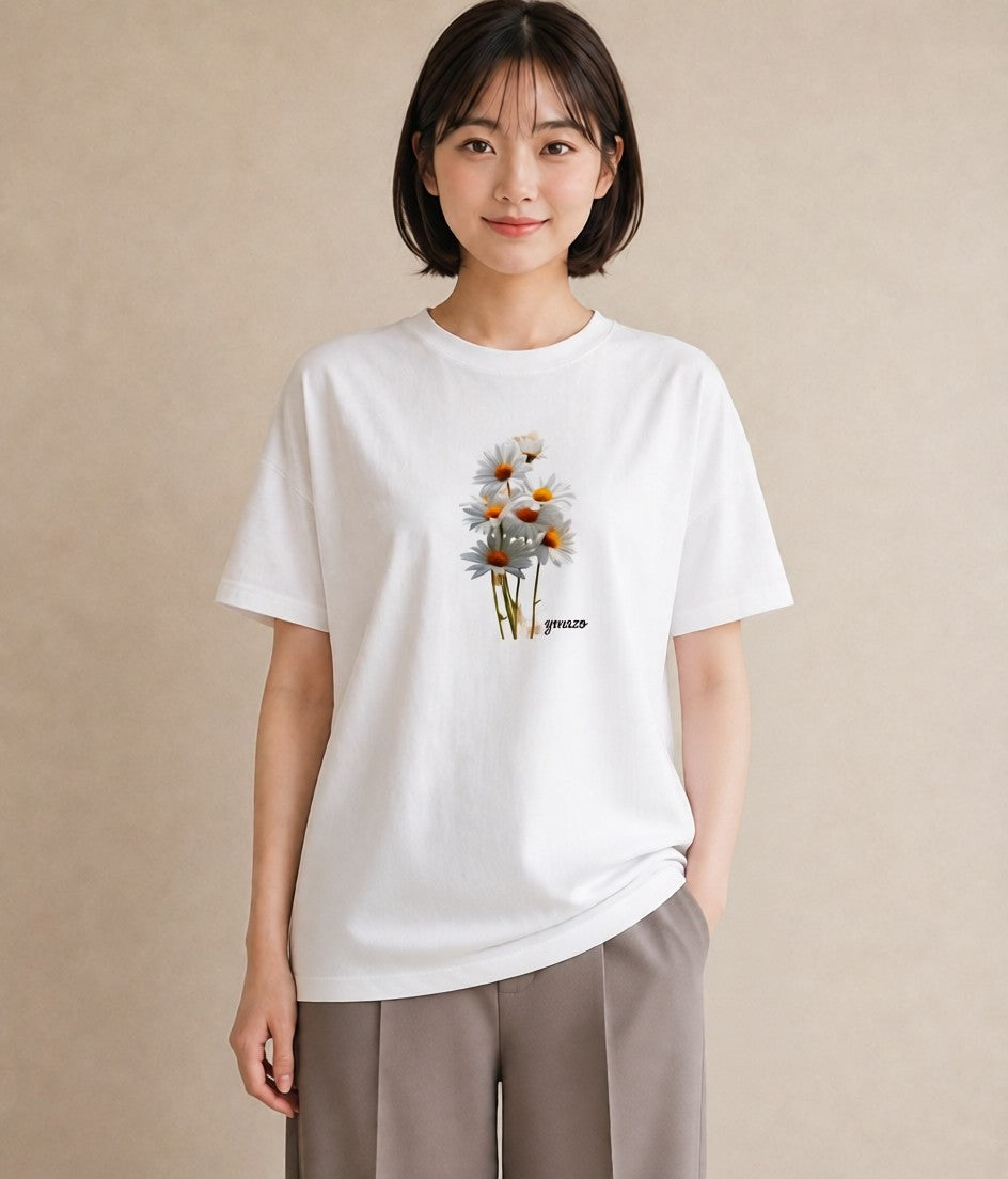 プリントTシャツ レディース マーガレット 花 花柄 イラスト お洒落 週末コーデ 敬老の日 白T