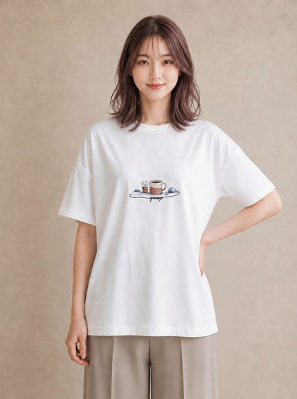 Tシャツ レディース エスプレッソ 食べ物 フード イラスト ヴィンテージ風 春服 ミセス 白T