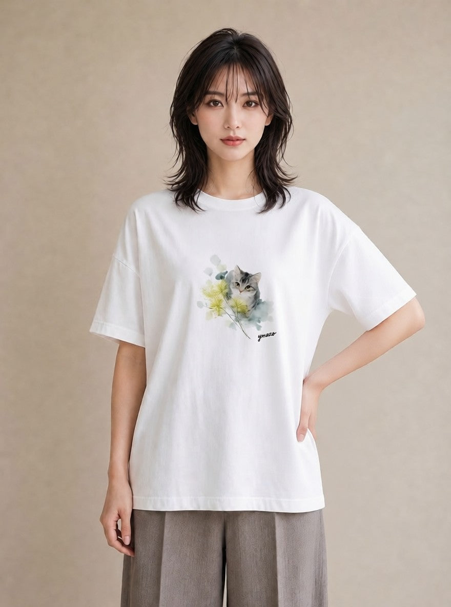 プリントTシャツ レディース 猫好き 猫 ねこ イラスト 淡色 友達ギフト 部屋着 白T