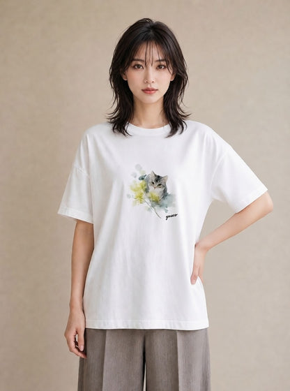 プリントTシャツ レディース 猫好き 猫 ねこ イラスト 淡色 友達ギフト 部屋着 白T