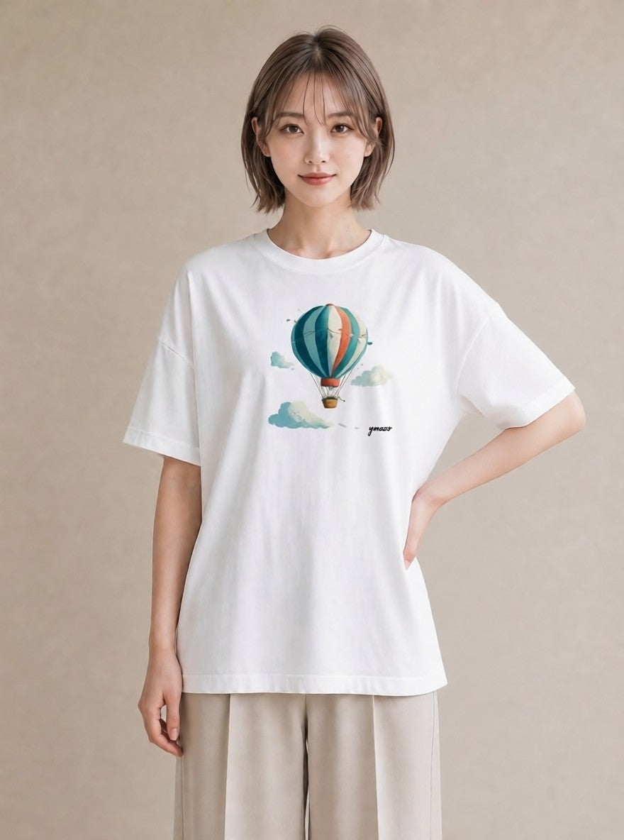 半袖Tシャツ レディース 気球 星空 宇宙 イラスト ナチュラル 旅行用 海 白T