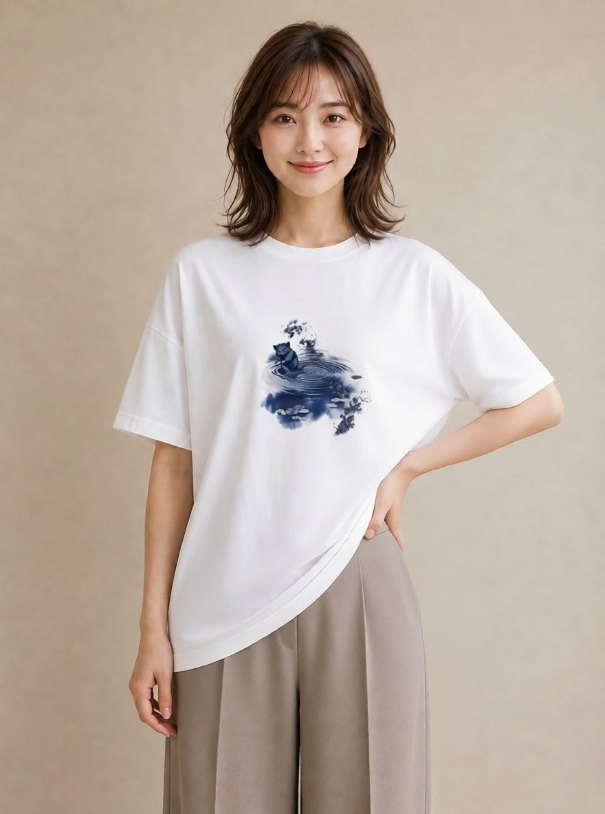 デザインTシャツ レディース 雨上がりの小道 雨上がり 小道 ナチュラル アンティーク イラスト 水彩風 カフェ服 クリスマス 白T