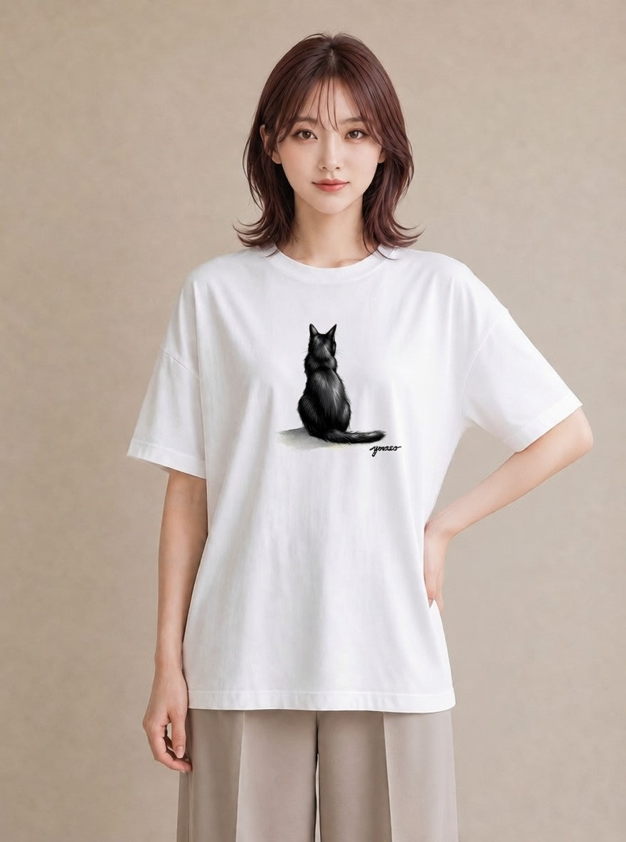 Tシャツ レディース 黒猫 猫 ねこ イラスト ユニーク 散歩 お出かけ 白T