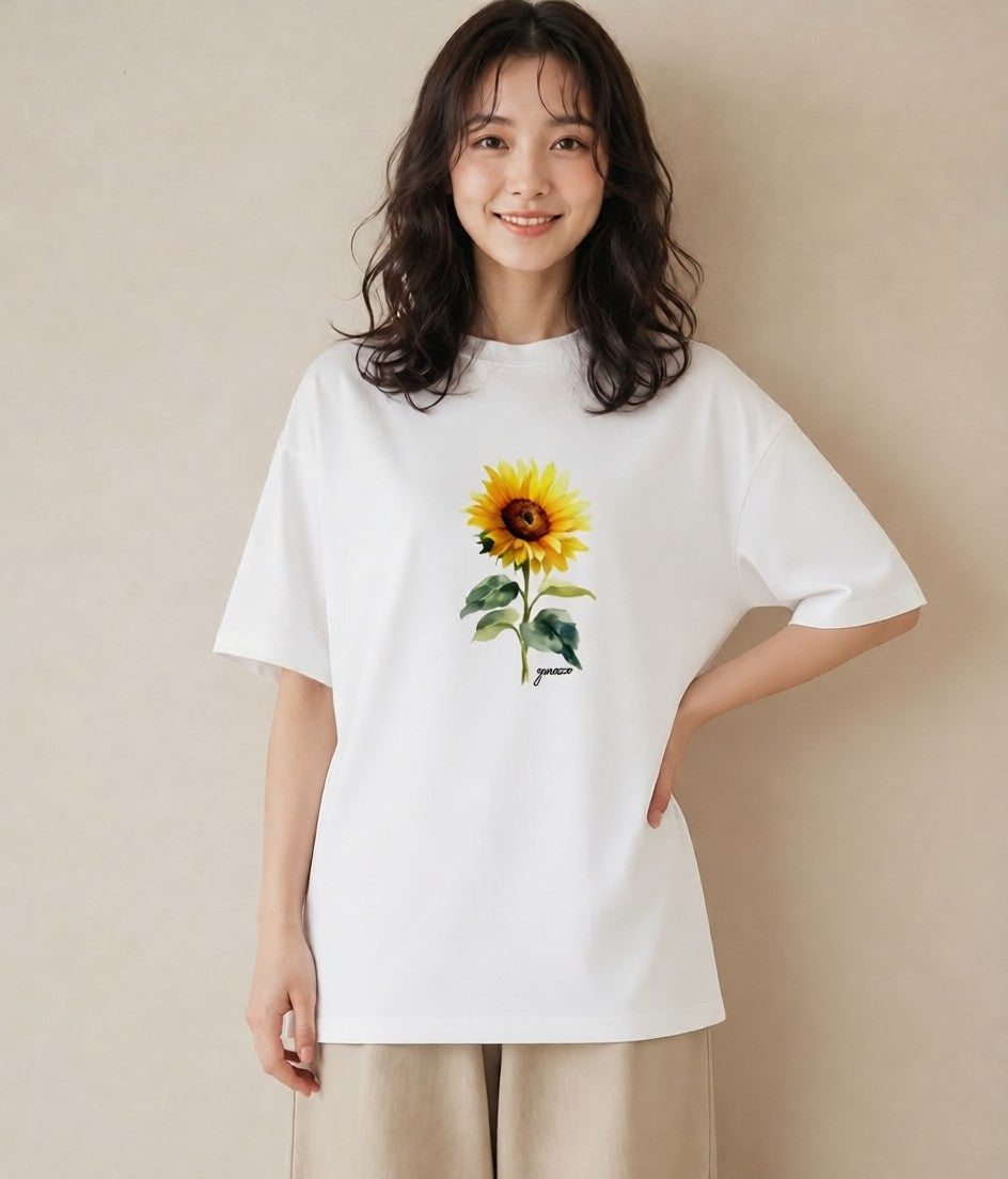 デザインTシャツ レディース ひまわり 向日葵 花 花柄 イラスト ゆるかわ 誕生日プレゼント 綿100 白T
