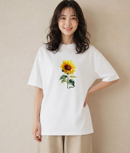 デザインTシャツ レディース ひまわり 向日葵 花 花柄 イラスト ゆるかわ 誕生日プレゼント 綿100 白T