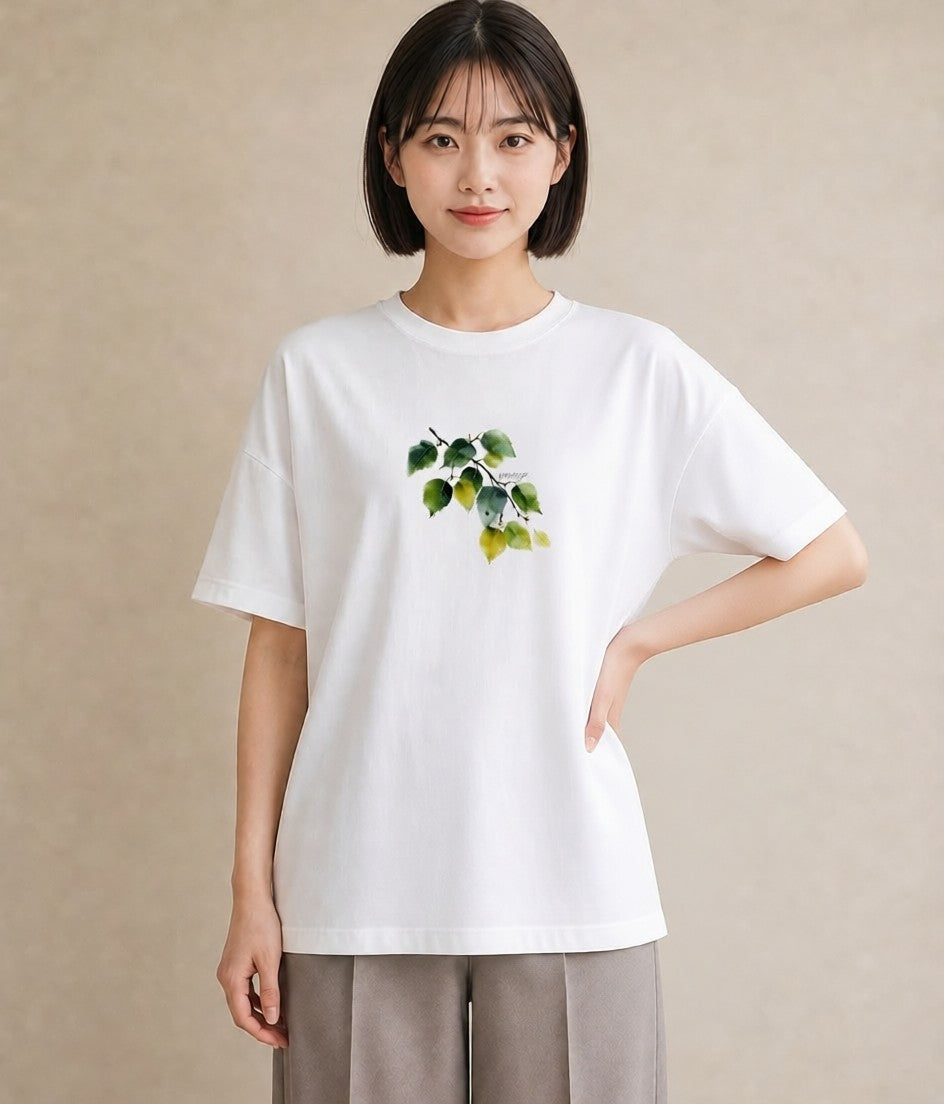 グラフィックTシャツ レディース 新緑 植物 ボタニカル イラスト 抜け感 ミセス 春コーデ 白T