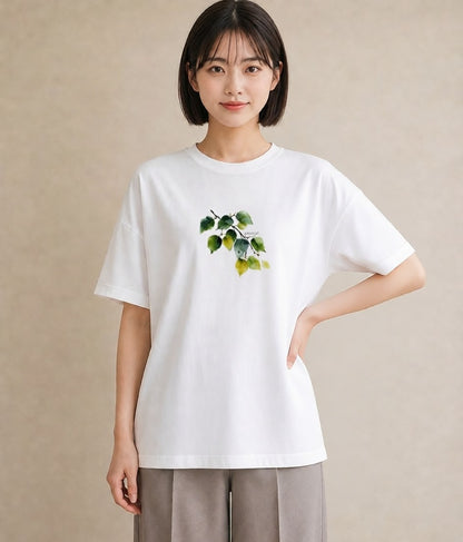 グラフィックTシャツ レディース 新緑 植物 ボタニカル イラスト 抜け感 ミセス 春コーデ 白T