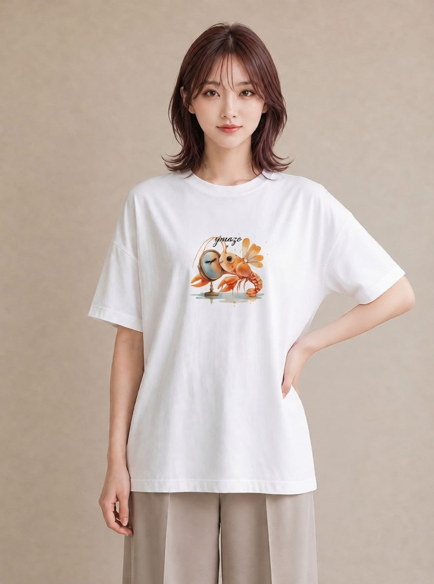 グラフィックTシャツ レディース エビ 海の生き物 海 イラスト ミニマル 綿100 デート 白T