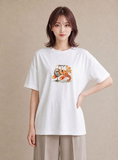 グラフィックTシャツ レディース エビ 海の生き物 海 イラスト ミニマル 綿100 デート 白T
