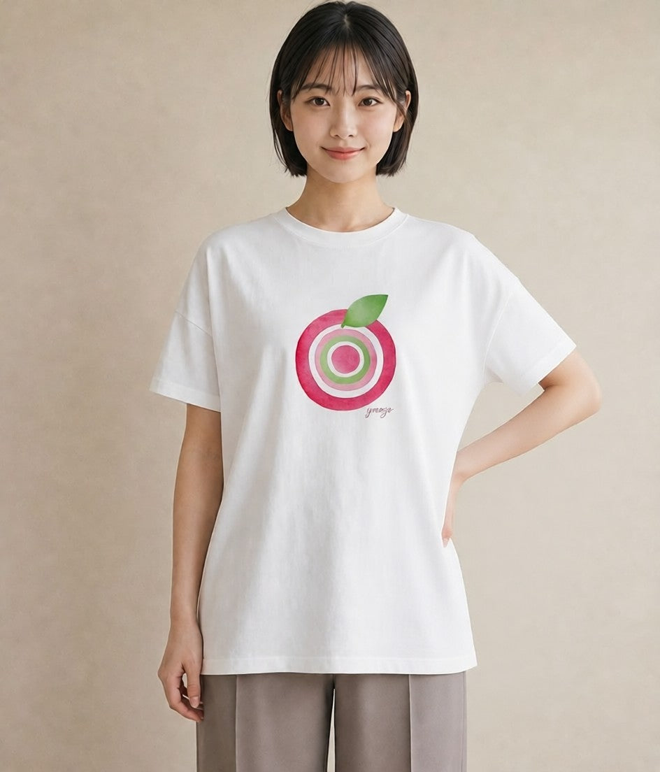 プリントTシャツ レディース りんご 林檎 アップル 食べ物 フード イラスト 韓国風 春服 ミセス 白T