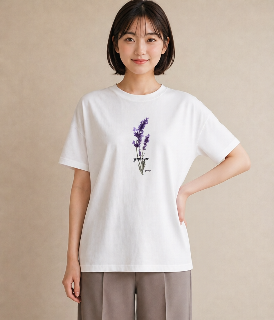 半袖Tシャツ レディース ラベンダー 花 花柄 イラスト 韓国風 綿100 デート 白T