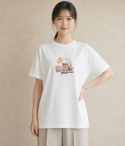 Tシャツ レディース 駅のホーム ローカル線 駅 ナチュラル アンティーク イラスト シック 旅行用 海 白T