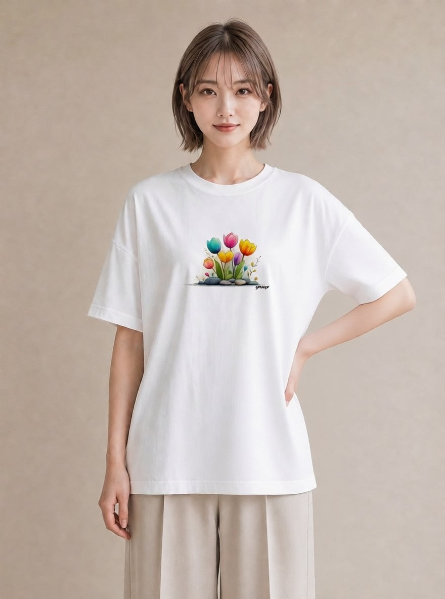 デザインTシャツ レディース チューリップ 花 花柄 イラスト ガーリー お出かけ 普段着 白T