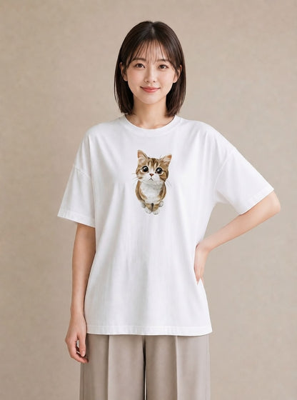 デザインTシャツ レディース スコティッシュフォールド 猫 ねこ イラスト アート風 公園 ママ 白T