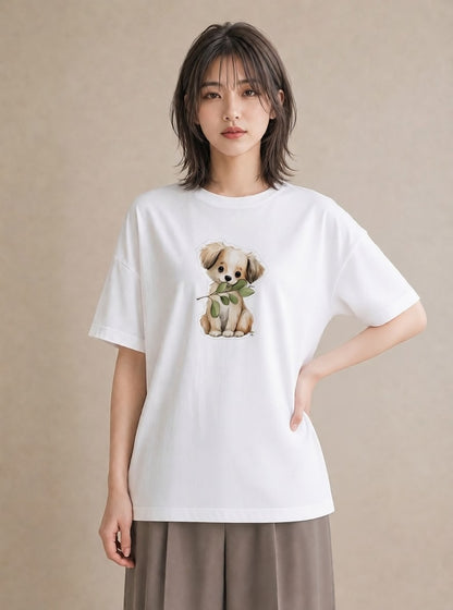 Tシャツ レディース 犬 いぬ イラスト 上品 母娘コーデ 自分用 白T
