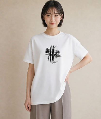 半袖Tシャツ レディース 桟橋 水辺 波止場 ナチュラル アンティーク イラスト 旅行コーデ カフェ巡り 女子会 白T