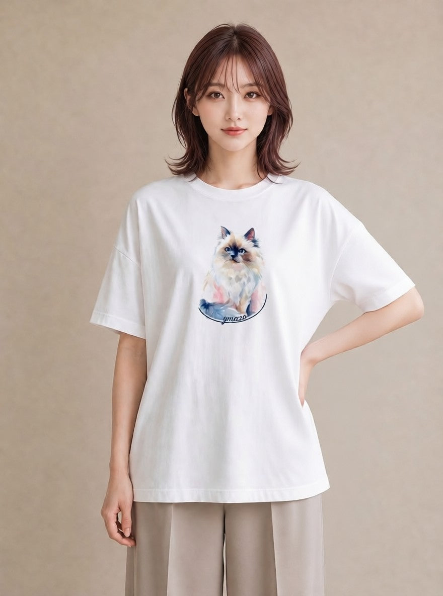 プリントTシャツ レディース ペルシャ 猫 ねこ イラスト きれいめカジュアル デイリーウェア 休日 白T