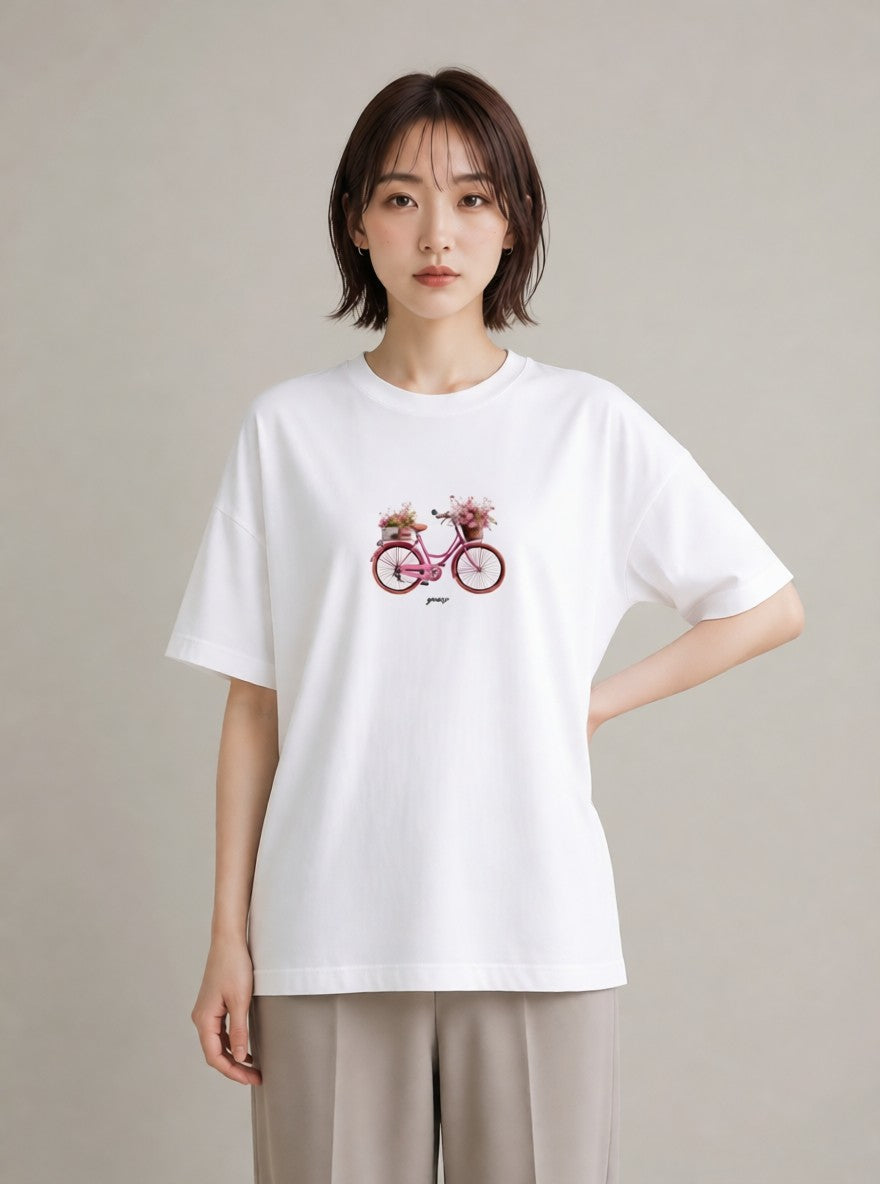 デザインTシャツ レディース 自転車のかご 自転車 花かご ナチュラル アンティーク イラスト きれいめ 在宅 公園 白T