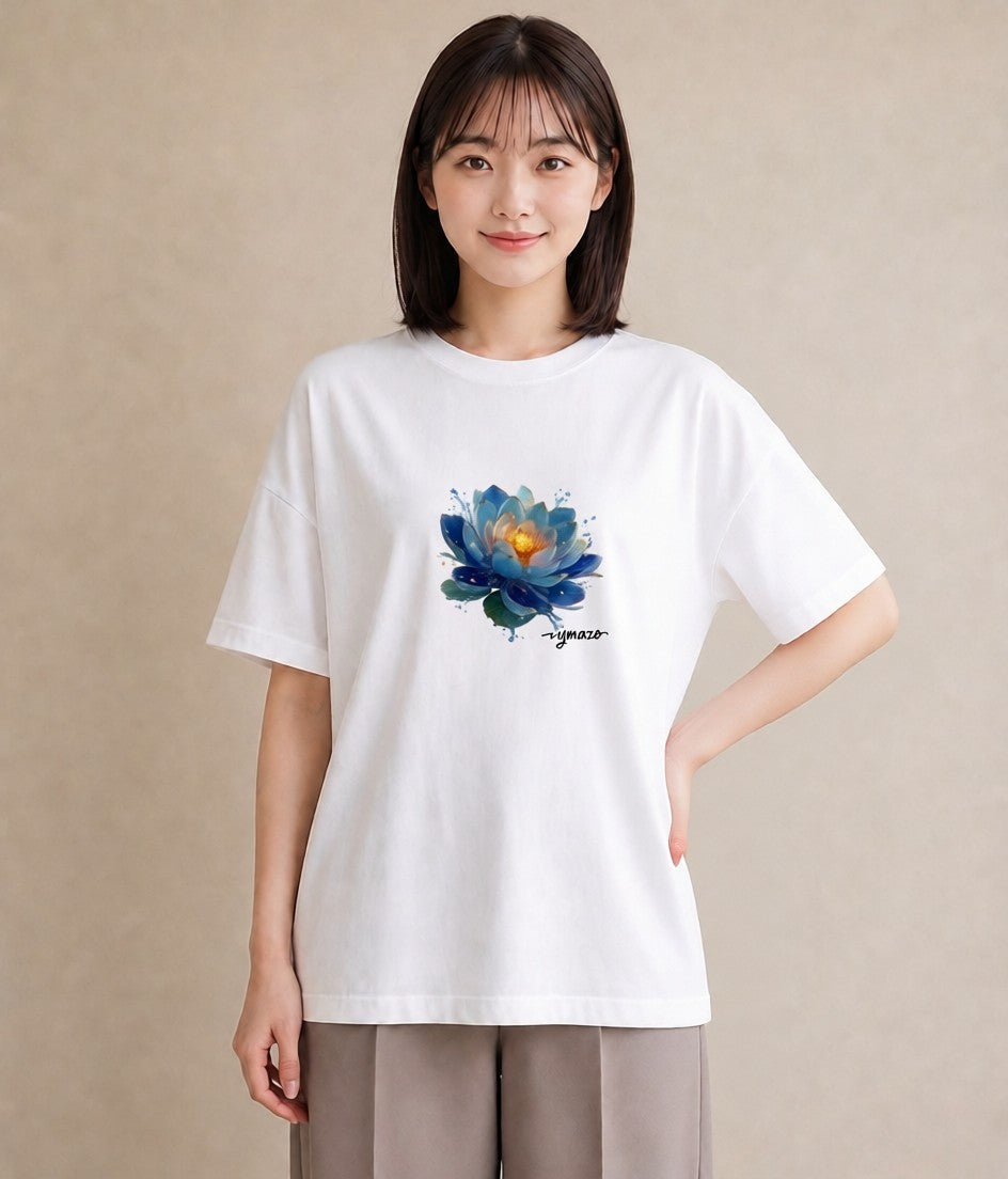 Tシャツ レディース 蓮 花 花柄 イラスト レトロ 休日 ペアコーデ 白T