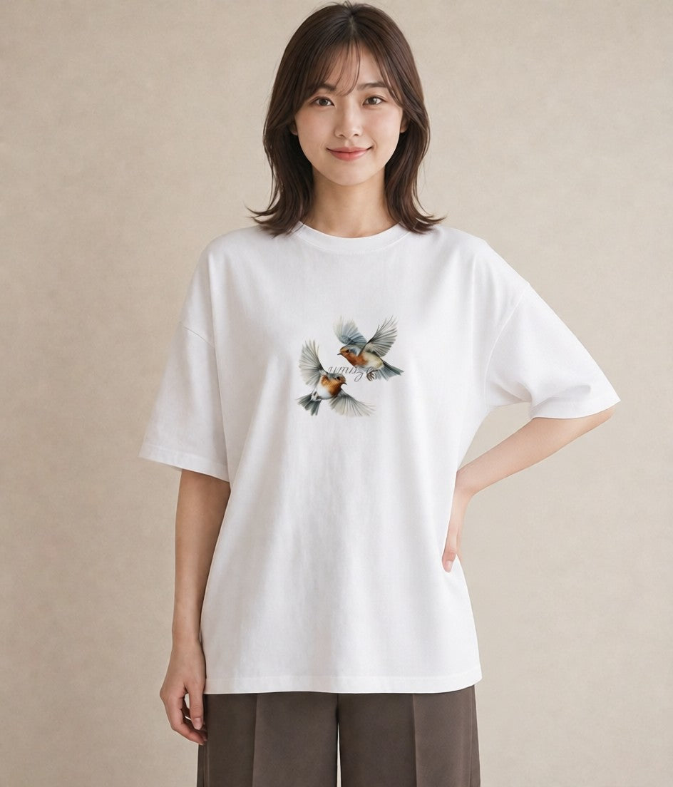 デザインTシャツ レディース 遠い家と鳥 風景 鳥 ナチュラル アンティーク イラスト 抜け感 海 カフェ巡り 白T