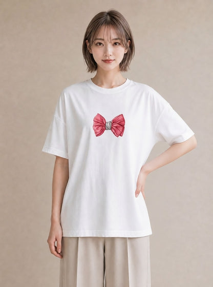 デザインTシャツ レディース リボン 蝶結び ナチュラル アンティーク イラスト 淡色 お揃い 親子 白T