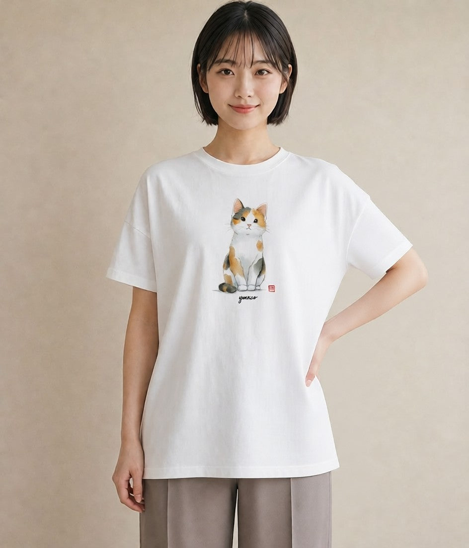 デザインTシャツ レディース ハチワレ 白黒猫 猫 ねこ イラスト カフェ服 クリスマス 白T