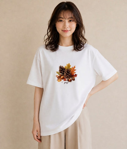 グラフィックTシャツ レディース 松ぼっくり 植物 ボタニカル イラスト ラフ 秋コーデ おしゃれギフト 白T