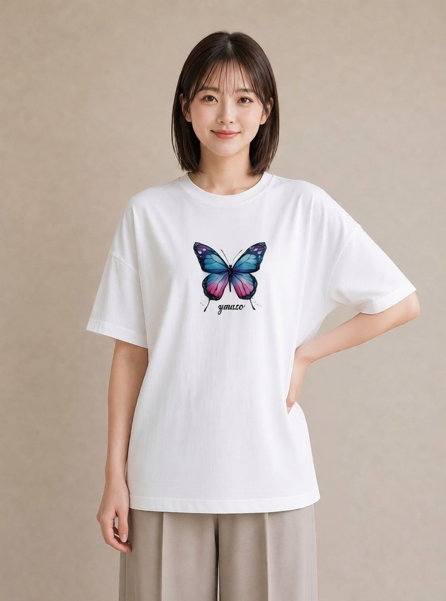 プリントTシャツ レディース ちょうちょ 蝶 バタフライ 昆虫 虫 イラスト 淡色 帰省 ラフ 白T