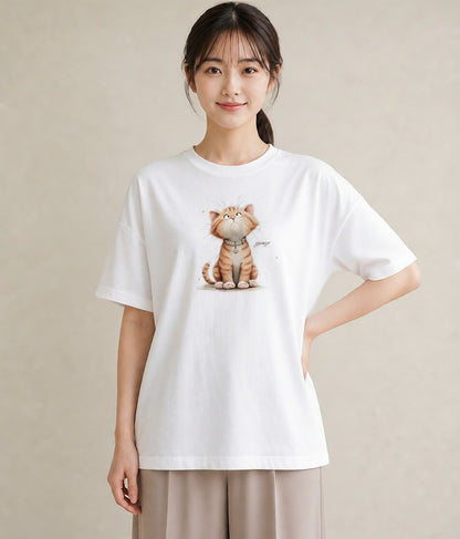 Tシャツ レディース キジトラ 猫 ねこ イラスト フェミニン お出かけ 普段着 白T