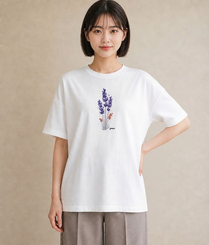 Tシャツ レディース ラベンダー 花 花柄 イラスト ミニマル ラフ レイヤード 白T