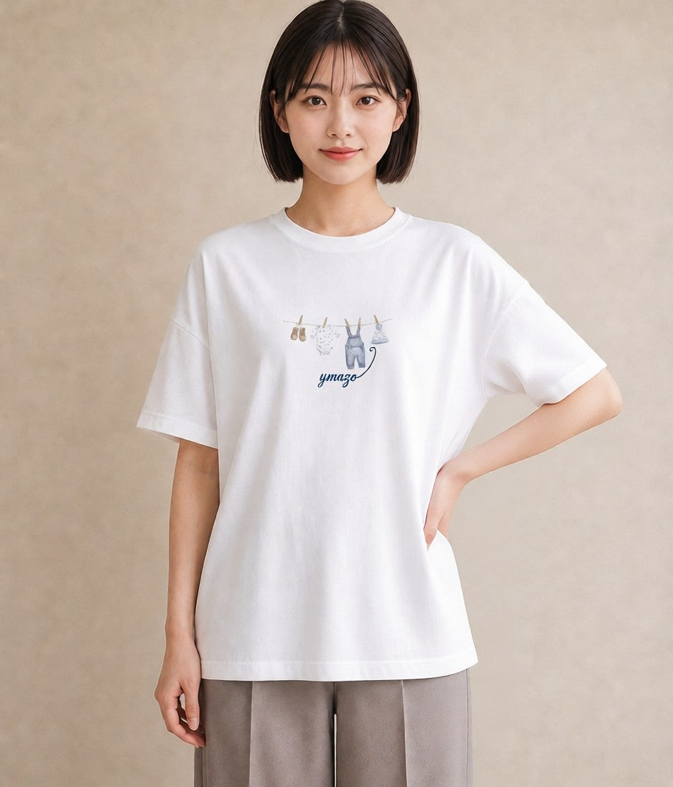半袖Tシャツ レディース 洗濯物 風 ナチュラル アンティーク イラスト お洒落 レイヤード 友達ギフト 白T